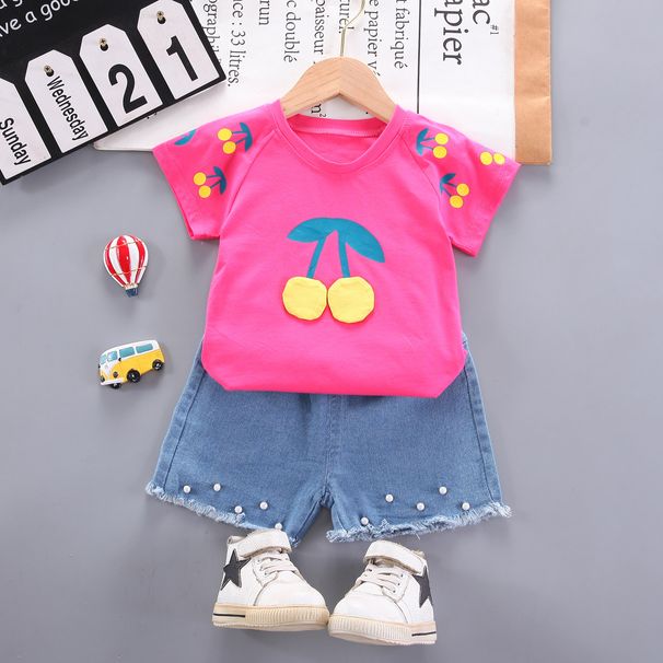 Børnetøj, pigedragt, sommer 2024 nyt modesæt til piger med tegneserieprint, kortærmet, trendy_voghion.com