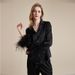 Elegant French-Style Silk Pajama Set For Women - Detachable Feather Cuffs & Ankles, Long Sleeve & Pants, Soft & Breathable_voghion.com