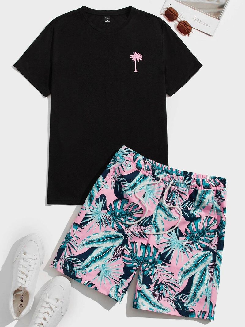 CT Hawaiian Set Casual Herren Reine Baumwolle Bestickt Kurzarm T-Shirt Gedruckt Fünf-Punkt Strand_voghion.com