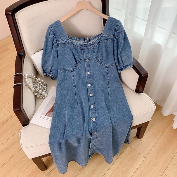 Women's Clothing 120/300 Catties Plus Size Women's Square Neck Back Zipper Denim Dress Overseas Fat People Fat Woman Clothes_voghion.com