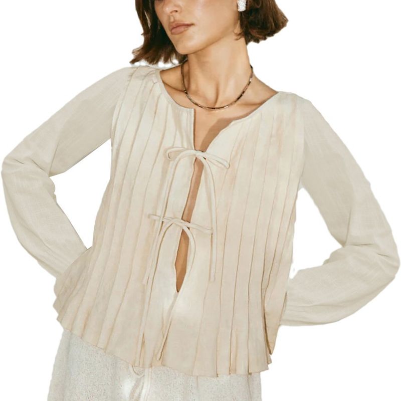 Camicia a maniche lunghe in cotone e lino con cravatta da donna 2025_voghion.com