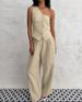 Women's Commuter Fashion Khaki Off-shoulder Cotton and Linen Vest Trousers Two-piece Set _voghion.com