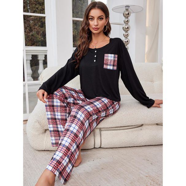 Nuevo conjunto de traje de casa para mujer, otoño e invierno, pantalones a cuadros casuales, pijamas de manga larga para mujer YANDEX_voghion.com