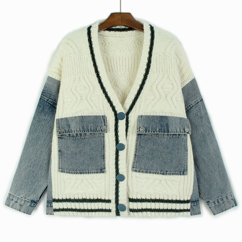 Oversize-Denim-Strickjacke mit V-Ausschnitt und Patchwork-Muster für Damen – Weiches und gemütliches Lagenteil für Herbst/Winter, entspannte Passform, lange Ärmel, Schwarz/Beige_voghion.com