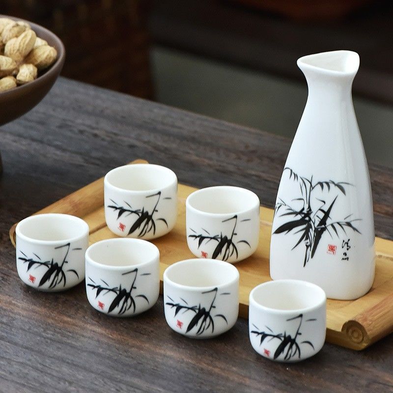 Antique Ceramic Simple Divider White Yellow Cup Green Set Japanese Style Hot Wine Pot Household_voghion.com