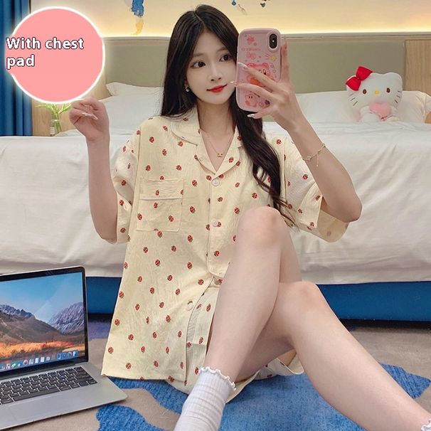 Tian Si Shuang bomullspyjamas för flickor i sommar, söt kofta med bröstkuddar, korta ärmar, shorts, plusstorlek 220_voghion.com