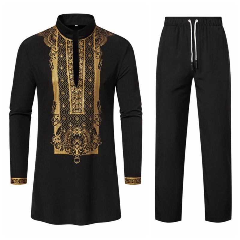 Abito lungo da uomo con stampa dorata, abito casual, camicia con colletto alla coreana_voghion.com