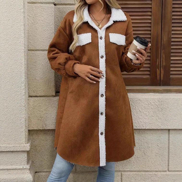 Eleganter Trenchcoat in Wildlederoptik für Damen – Stylischer und warmer langer Mantel mit Revers und einreihigem Design (Braun, S-XXL)_voghion.com