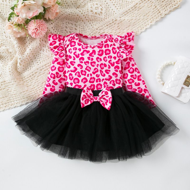 Robe de soirée pour filles, ensemble de 2, avec joli motif léopard à la mode, manches volantes et jupe de princesse en maille, printemps-automne_voghion.com