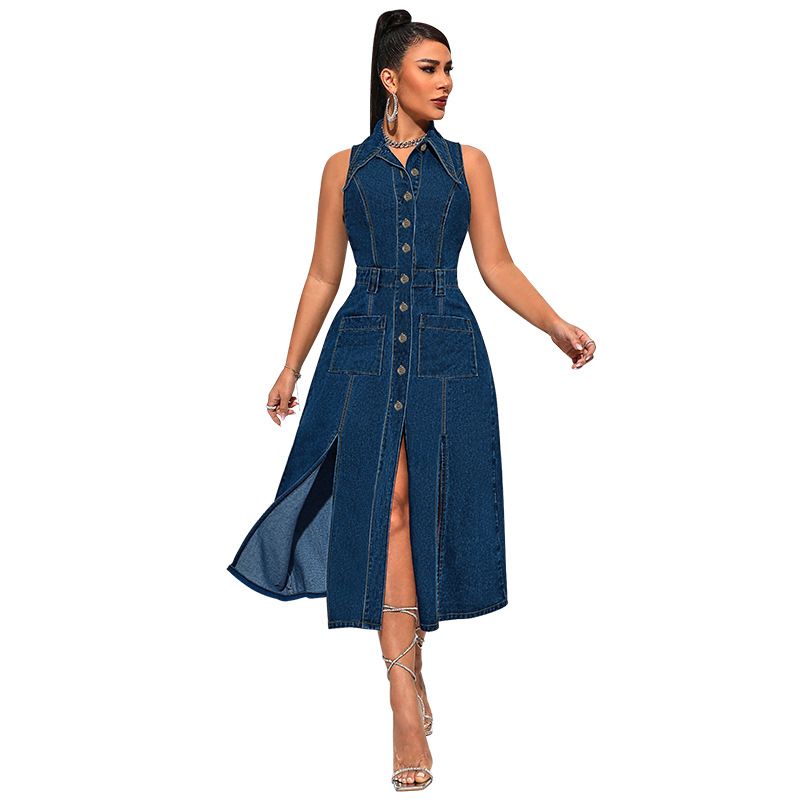 Clothing Women's Denim Cardigan Sleeveless Slit Long Dress_voghion.com