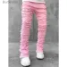 Herren Skinny Fringe Hip-Hop R Edge Elastischer Patch Punk Rock Lange enge Passform Gestapelte Jeans Denim Hose Blau Rosa_voghion.com