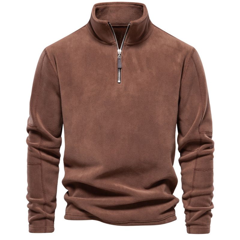 Felpa casual da uomo in pile con mezza cerniera, collo alto, maniche lunghe - Moda autunno inverno (verde oliva, grigio scuro, nero)_voghion.com