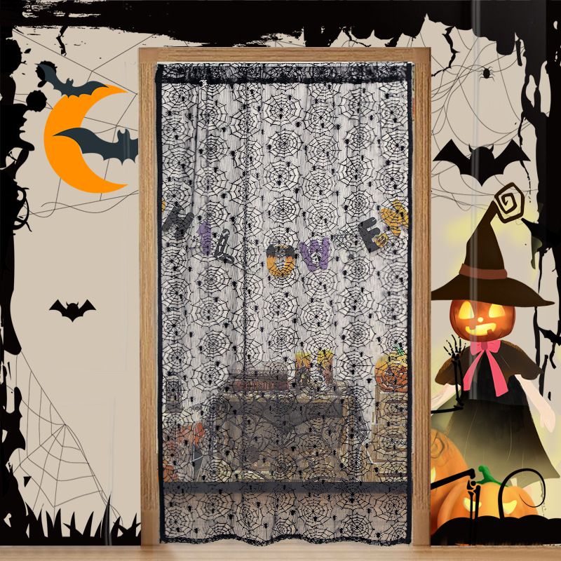 Halloween Door Curtain – Spooky Spider Web & Skeleton Hand Sheer Fabric Decor For Window, Porch & Party (100x220cm, Black, Easy Hang, Polyester)​_voghion.com