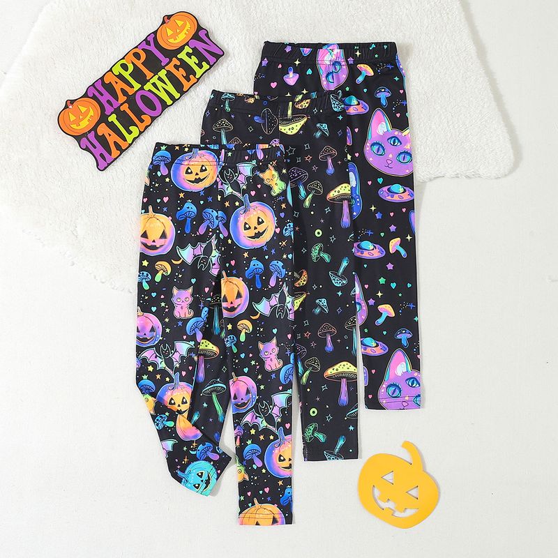 Mother & Kids Luminous Print Leggings For Girls And Kids Festival Style Funny Pumpkin Trousers Three Piece Set_voghion.com