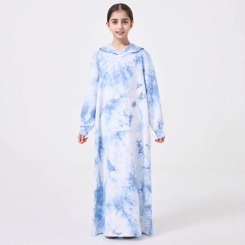 Mother & Kids Middle Eastern Girls Abaya Tie Dye Hooded Pocket Sweater Dress Loose Robe_voghion.com