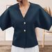 Women's Clothing Simple Solid Color V Neck Knitted Women's Autumn New Commuting Fashion Temperament Two Button Short Sleeved Top_voghion.com