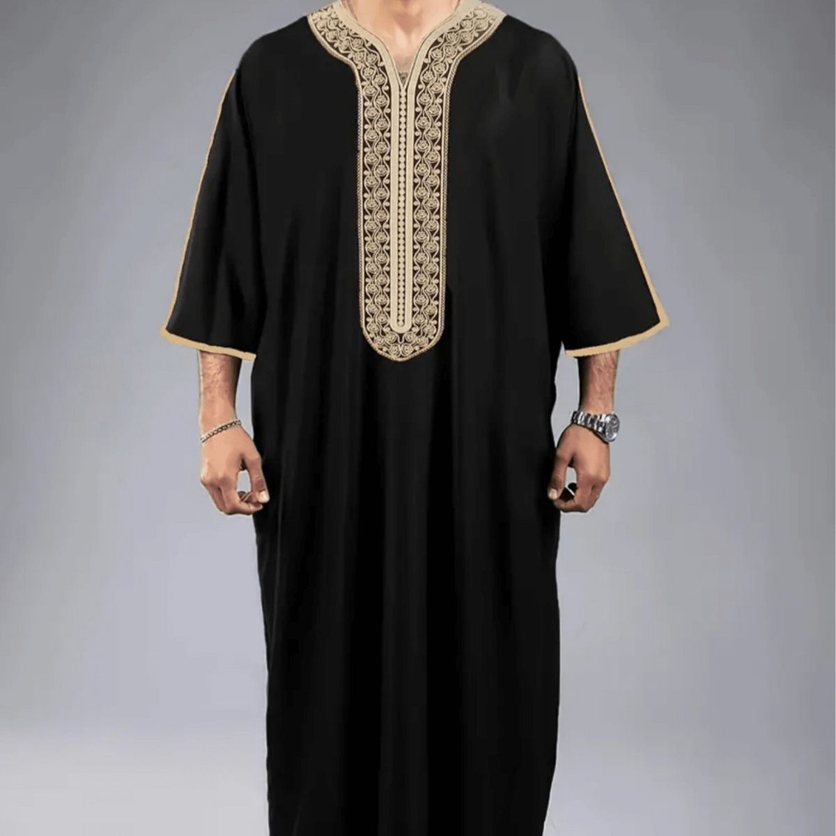 Männerkleeder Robe Hui Clothing Mëttelärmlech gestickte muslimesch Männermantel_voghion.com