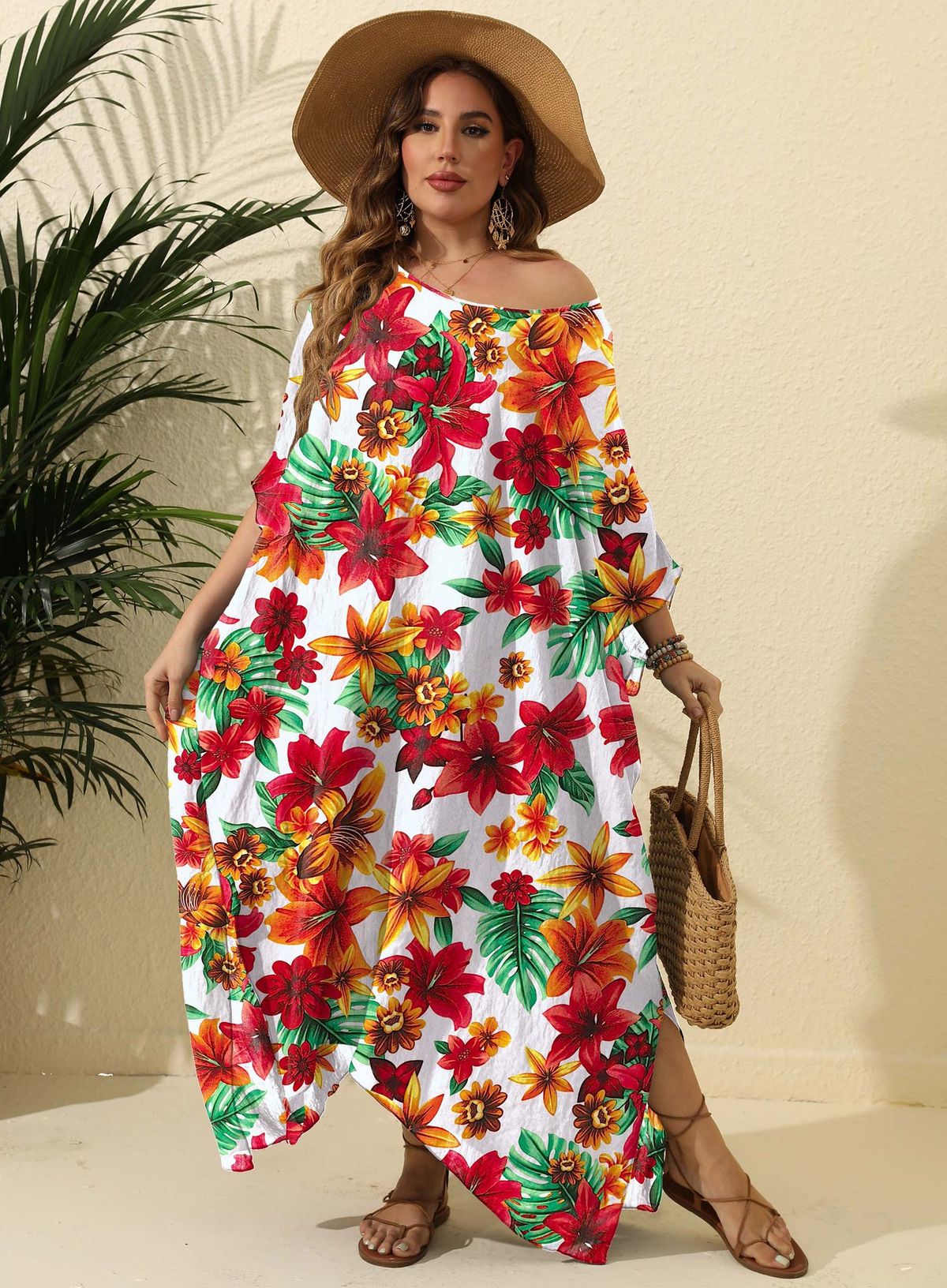 Abito da donna con spacco da spiaggia con camicetta allentata con stampa floreale taglie forti_voghion.com