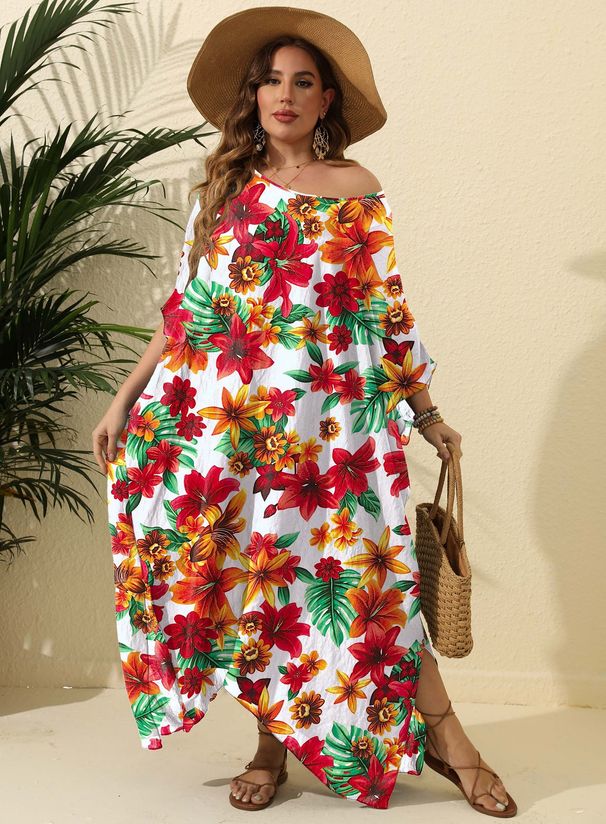 Abito da donna con spacco da spiaggia con camicetta allentata con stampa floreale taglie forti_voghion.com