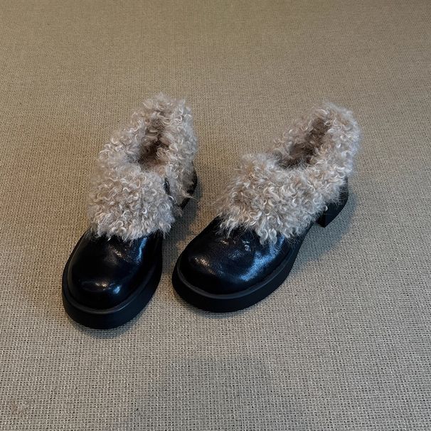 Damen-Slipper mit Blockabsatz und Kunstfellfutter – bequeme Winterstiefel zum Hineinschlüpfen für den Alltag, runde Zehenpartie und niedriger Absatz in Schwarz und Braun_voghion.com