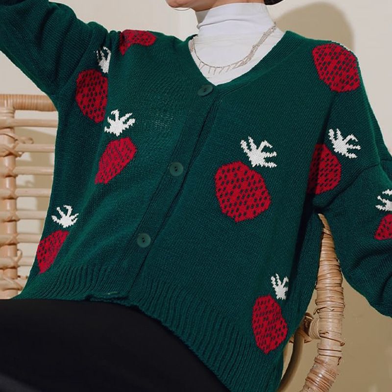 Cardigan musulman modeste en tricot pour femme – Imprimé fruit brodé, mélange polyester-élasthanne, coupe ample, pour le bureau et la prière_voghion.com