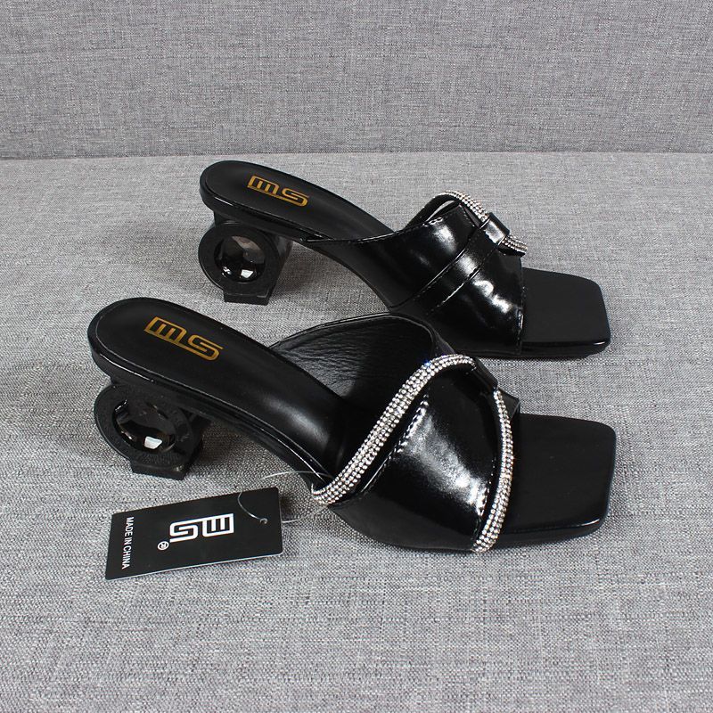 2024 Summer New Water Diamond Strap Square Head Women's High Heel Open Toe Instagram Style Large Size Slippers_voghion.com