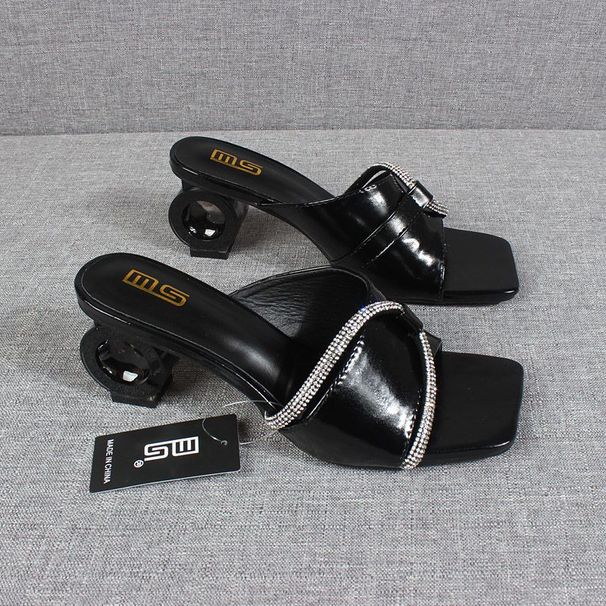 2024 Summer New Water Diamond Strap Square Head Women's High Heel Open Toe Instagram Style Large Size Slippers_voghion.com
