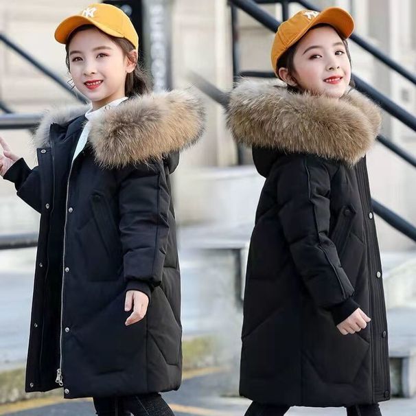 Piumino lungo in stile coreano per bambine – Giacca invernale imbottita con cappuccio in pelliccia sintetica (130-170 cm, nero/rosso anguria/rosso)_voghion.com