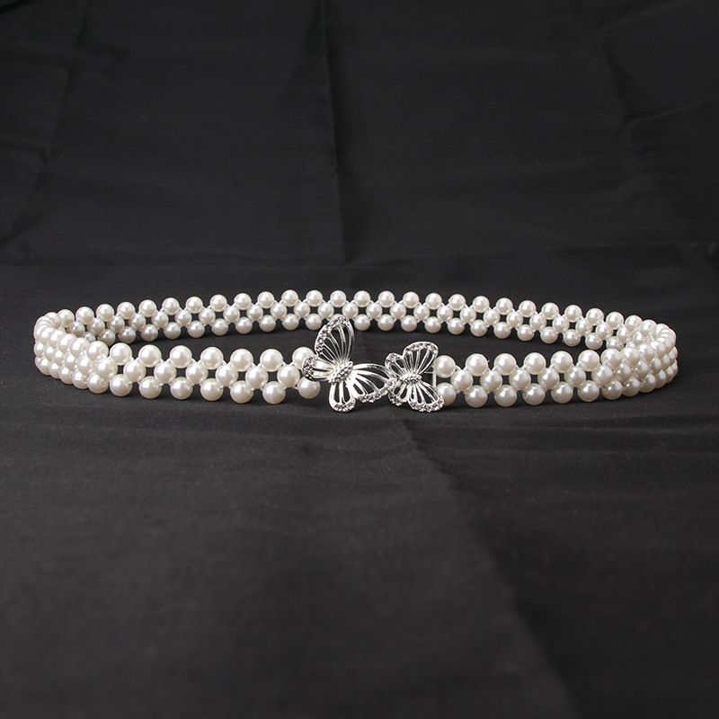 Women's Pearl Waist Chain Korean Edition Water Diamond Pearl Decoration Belt Fashionable and Sweet Dress Elastic Belt for Women_voghion.com