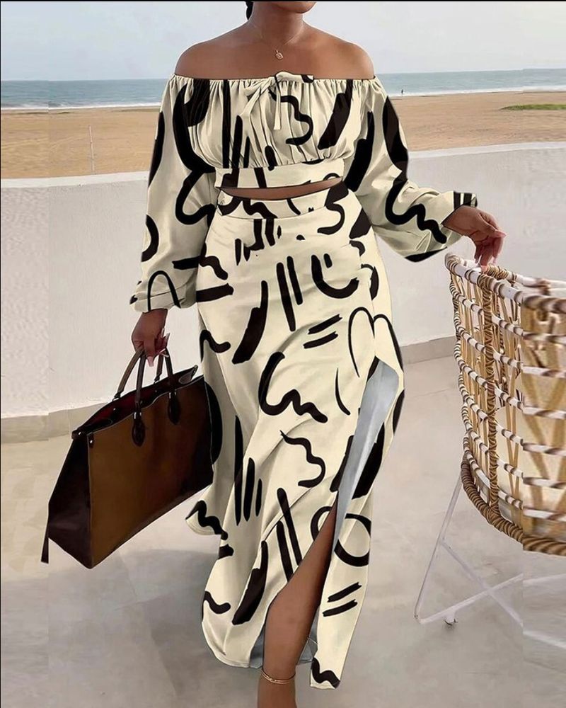 Lässiges, schulterfreies, geteiltes Urlaubskleid für Damen, zweiteiliges Set_voghion.com