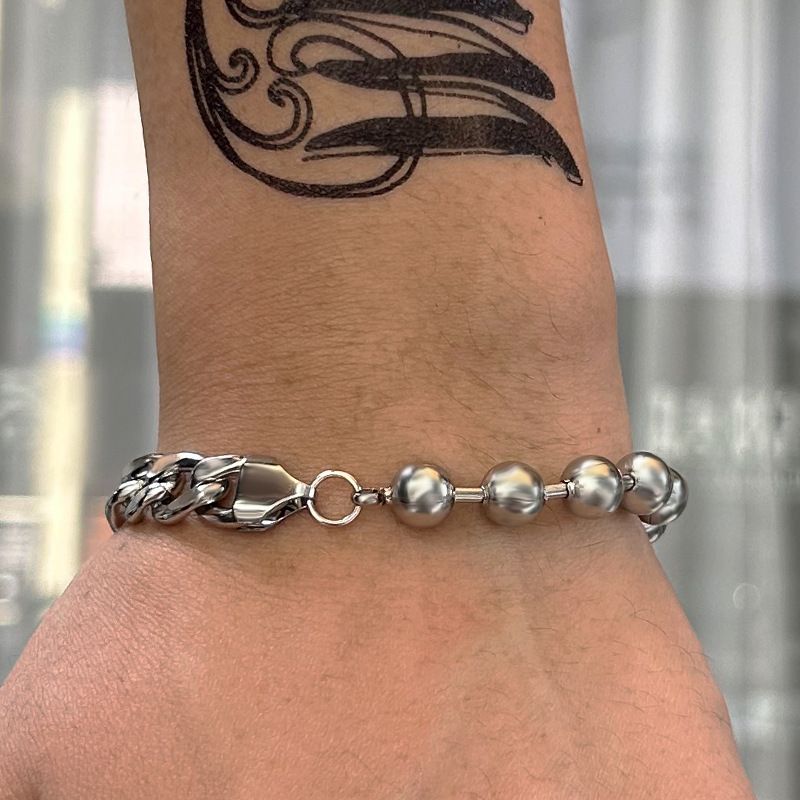 Bracciale con perline in acciaio al titanio e catena cubana in stile INS alla moda per uomo_voghion.com