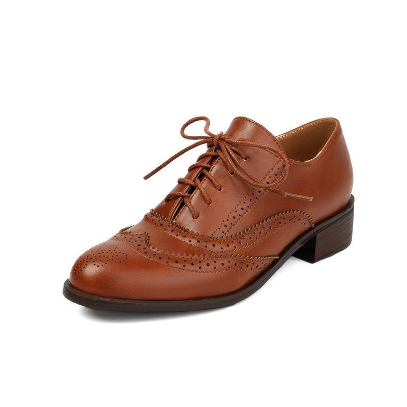 Scarpe da donna, scarpe singole brogue, scarpe in pelle piccole in stile britannico retrò intagliate, scarpe primaverili e autunnali con lacci anteriori._voghion.com