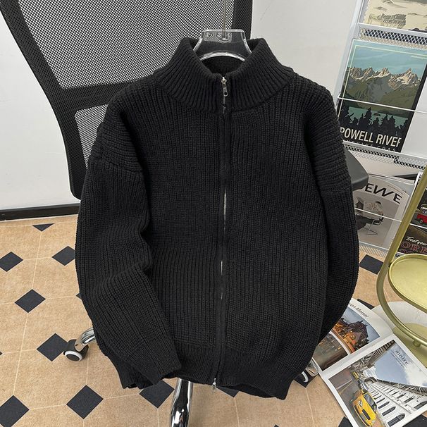 Men's Winter Sweater Coat Retro Casual Stand Collar Thick Knit Cardigan Warm Wool Jacket_voghion.com