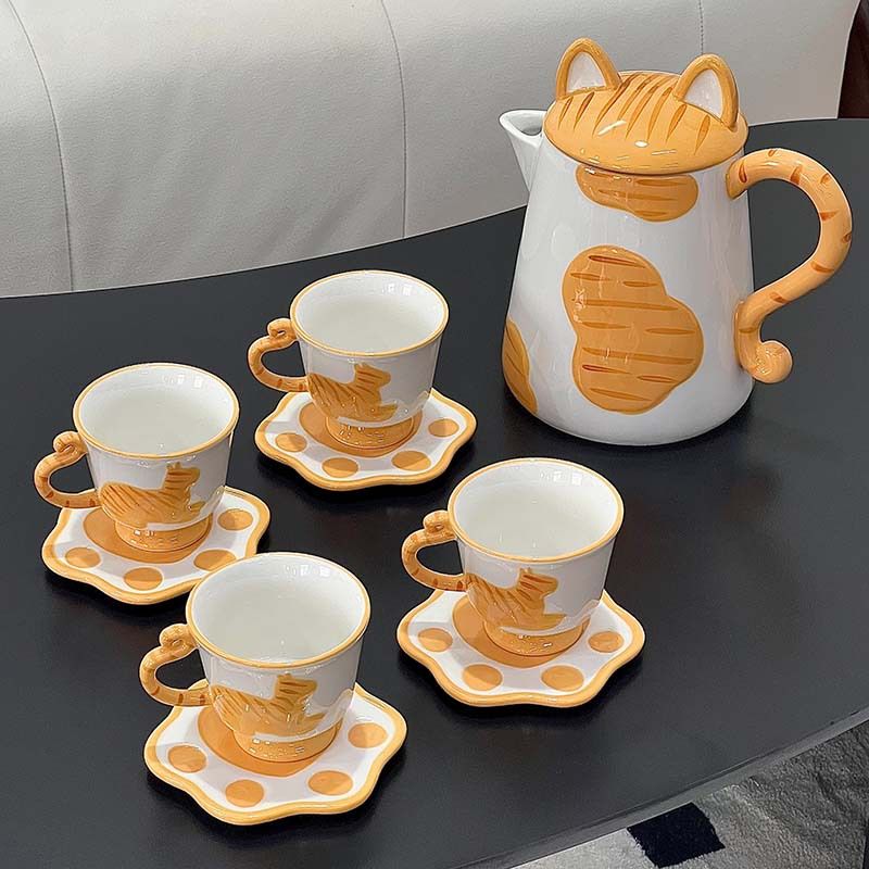 Service à eau en céramique style nordique crème contrasté pour chat, bouilloire mignonne pour chat, cadeau de pendaison de crémaillère_voghion.com