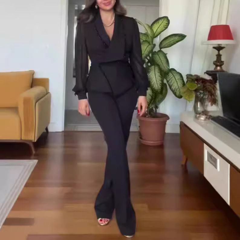 Women's Casual Chiffon Patchwork Small Blazer Straight Pants Suit For Women_voghion.com