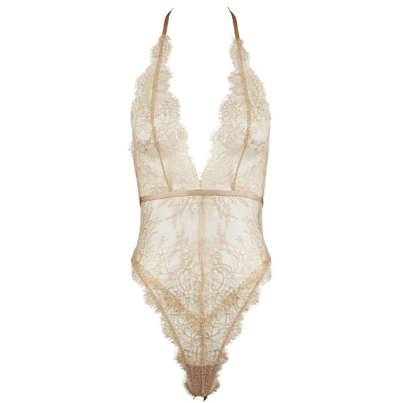 KOOSSOASIS Hot Stamping Eyelash Lace Big Beautiful Back Straps Deep V Halter Neck Gold Bodysuit High Quality_voghion.com