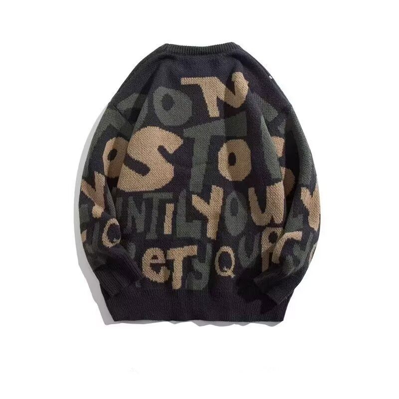 New Arrival Letter-Print Color-Block Crewneck Sweater For Men Loose-Fit Knitwear For Men Versatile Knitwear For Men Fall/Winter Trendy Outerwear_voghion.com