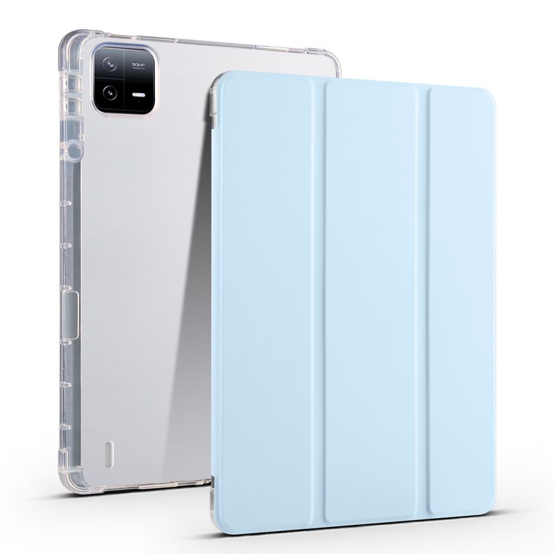 For Xiaomi Pad 6 / 6 Pro 3-fold Clear TPU Smart Leather Tablet Case with Pen Slot(Ice Blue)_voghion.com