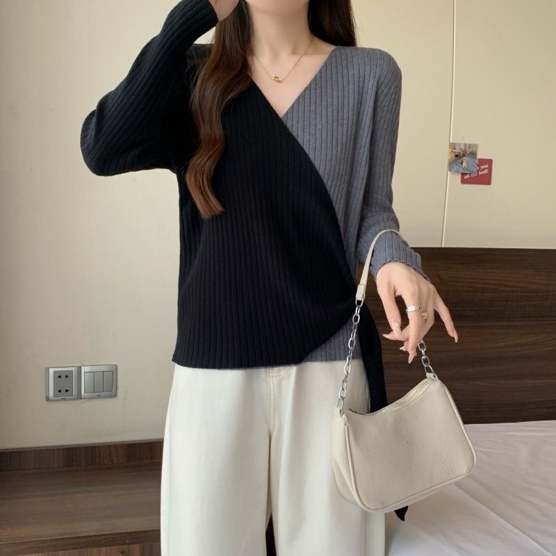 Maglione lavorato a maglia a maniche lunghe con scollo a V e motivo a croce irregolare per donna, inizio autunno, spesso mm, snellente e unico, top speciale_voghion.com