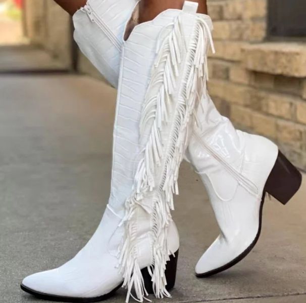 women's cowboy boots, white crocodile pattern tassel boots pointed thick heel knight boots, large size tassel boots women's boots_voghion.com