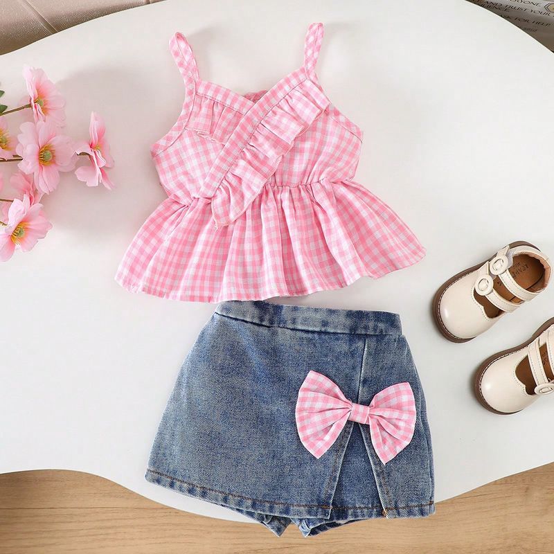 Mother & Kids New Summer Girls Baby Girls Denim Skirt Baby Casual Suit Children Suit Cross Border A Class Sling_voghion.com