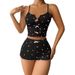 Damen-Pyjama-Set, zweiteilig, Herz-Print, Strapsoberteil, Shorts-Set, Loungewear_voghion.com