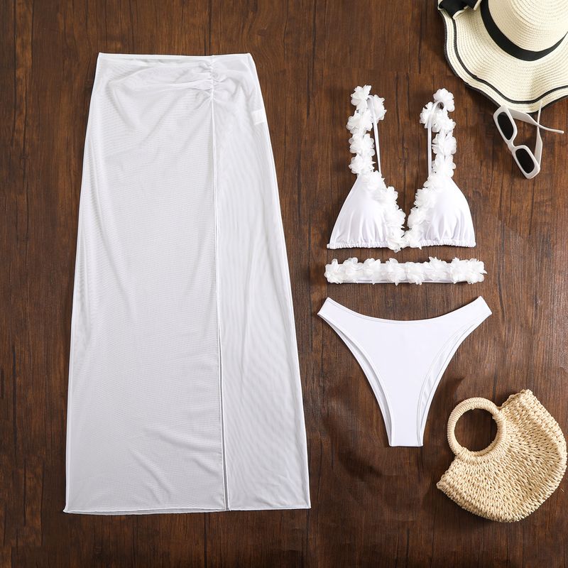 2025 Solid Color Lace Sexy Three-piece Bikini New Mesh Dress Swimsuit Vacation Swimsuit Women_voghion.com