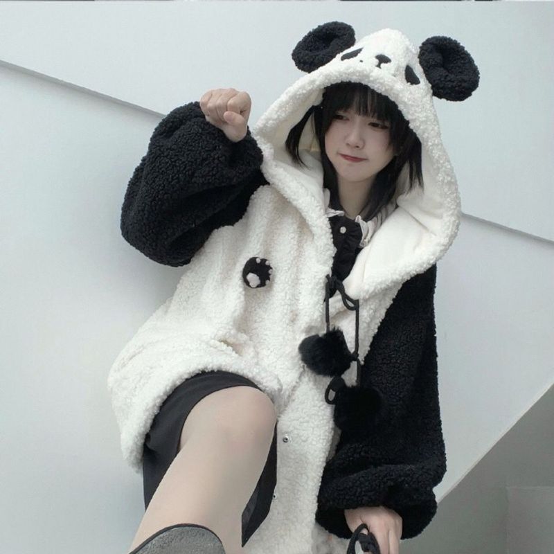 300g sød panda lammefrakke til kvinder efterår/vinter med fortykket fleece og college-stil_voghion.com