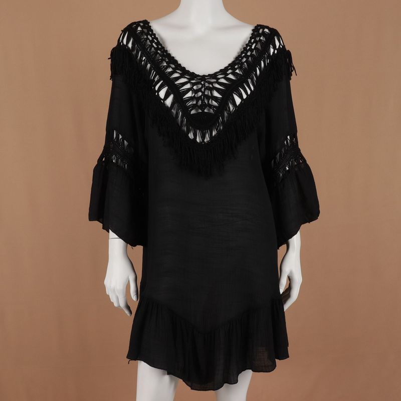 Solid Color Sexy Mid-Length Sleeve Hollow Out Backless Beach Dress Bikini Sunscreen Cover-Up_voghion.com