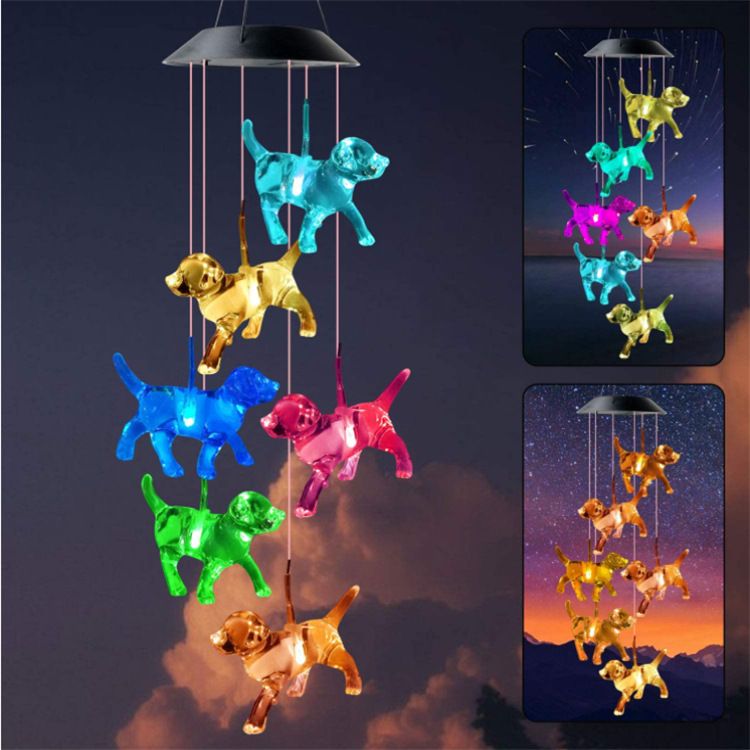 Campanello solare con LED colorati – Design a forma di colibrì, cucciolo e stella, decorazione da appendere all'esterno, resistente alle intemperie, per giardino, patio e Natale_voghion.com