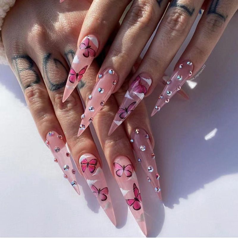 Elegant Long Stiletto Press-On Nails With Butterfly & Cloud Designs, Glitter Rhinestones, Trendy Fake Nails For Women, Reusable Nail Art Stickers_voghion.com