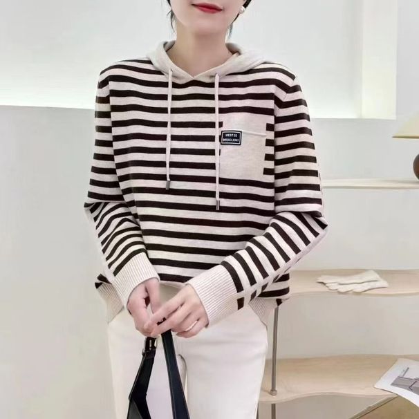 【 Cashmere Family】 Maglione da donna con cappuccio in lana, felpa corta con cappuccio, strato interno in maglia oversize a righe_voghion.com