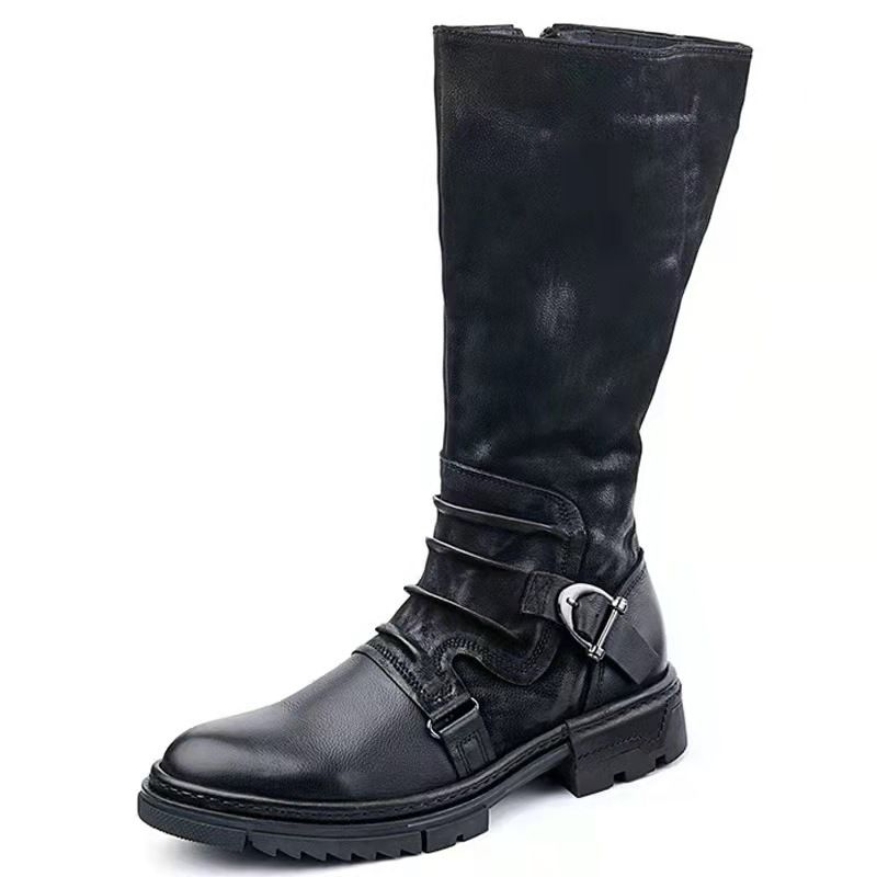 Suitable For All Seasons Plus Size Leather Round Toe Thick Sole British Belt Buckle Riding Women's High Boots_voghion.com