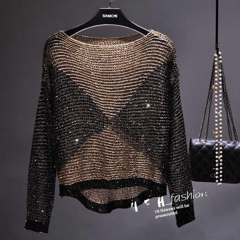 Pull ample en tricot à paillettes creuses, vente transfrontalière, haut à manches longues et col rond en soie brillante pour femmes, européen et américain_voghion.com